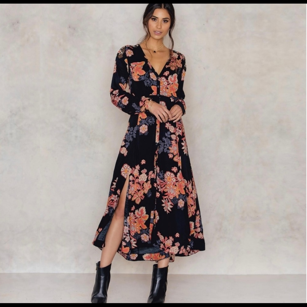 Free People Black Midi Dress with Orange Floral Print